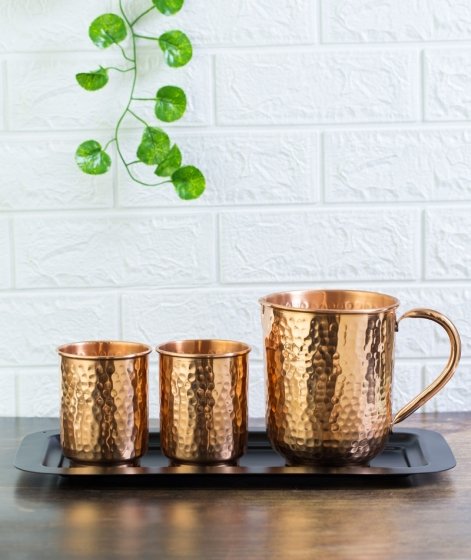 Hammered Copper Water Jug and Glass Set with Steel Tray (1 Jug + 2 Glass + 1 Tray)
