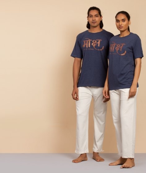 Unisex Copper Printed मोक्षा (Moksha) Cotton T-shirt - Indigo
