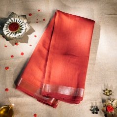 Handwoven Red Consecrated Silk Saree with a Simple Silver Border