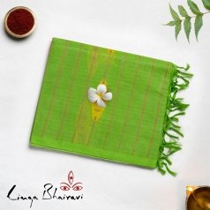 Handwoven Parrot Green Daily Wear Cotton Saree with Pink Stripes and Yellow Patterns