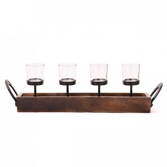 Set of 4 Glass T-Light Holder with Wooden Stand