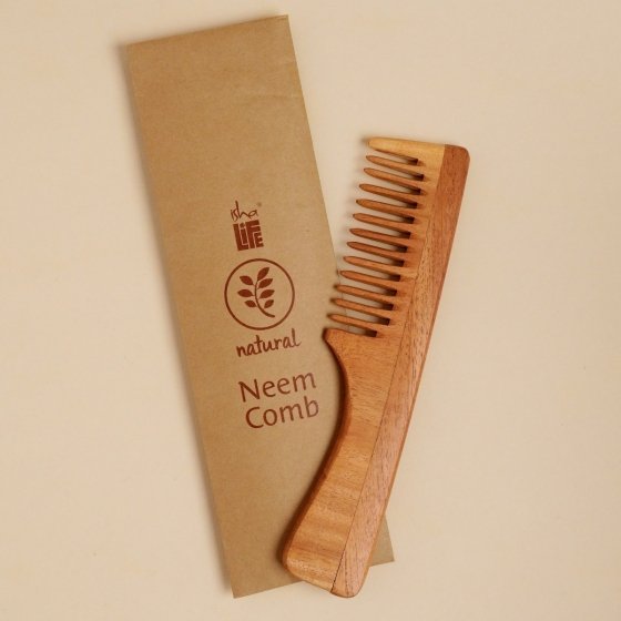 Handmade Neem Wood Comb with Handle (Wider teeth)