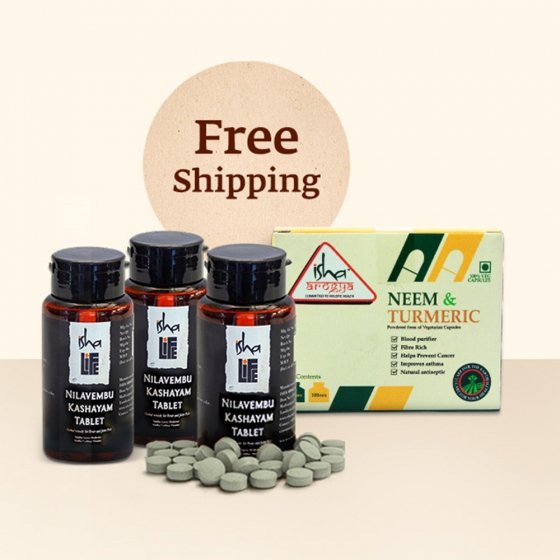 Neem-Turmeric capsules and Nilavembu Kashayam tablets combo pack.Yogic essentials for health and immunity.