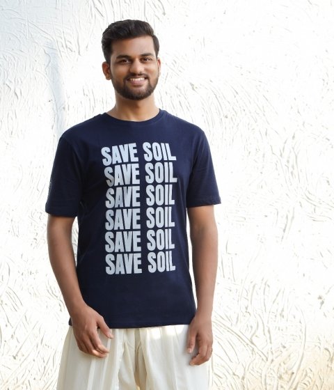 Unisex Save Soil Print Short Sleeve Organic Cotton Navy Blue T-Shirt