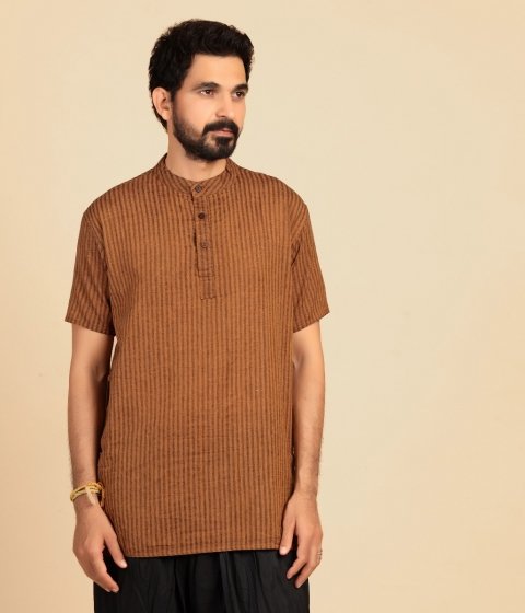 Men’s Yarn Dyed Short Sleeves Kurta - Brown Black