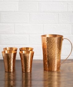 Hammered Copper Water Jug (1.5 Liters) and Glass Set (4 Glass of 400 ml each)