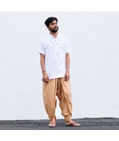 Isha’s signature. Ready to wear Unisex Dhoti Pants - half moon printed (Khaki) / Panchakacham. Easy to pull on. Versatile. Comfortable for both casual and formal wear.