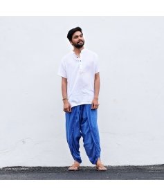 Isha’s signature. Ready to wear Unisex Dhoti Pants with Half moon printed (Indigo) /Panchakacham. Easy to pull on. Versatile. Comfortable for both casual and formal wear.