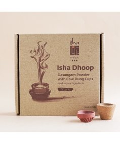 All natural handmade dasangam/dhoop powder with cow dung cups.  Original Isha fragrance. Purifies the air for poojas and sadhana. Supports rural women artisans. Pack of 12 pcs