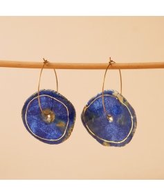 Handcrafted ceramic Earrings with 22k gold painting - round hoop (blue)