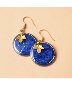 Handcrafted ceramic dangler earring with 22k gold painting (cobalt)