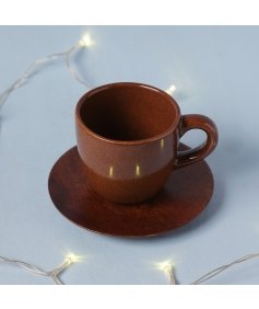 Ceramic Mug- Pastel Brown with Wooden Coaster. A festive gift. 