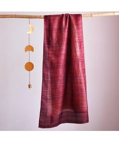 HandBlock Printed Vermillion Red and Grape Purple Pure Tussar Silk Stole Laced with Abstract Pattern