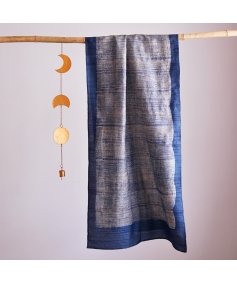 HandBlock Printed Blue and White Pure Tussar Silk Stole Showcasing Unique Finish and Indigo Blue Border