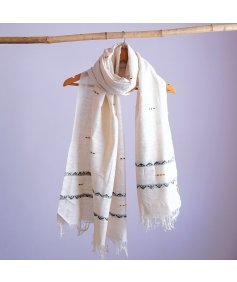 Naturally dyed handwoven white eri silk stole with traditional designs