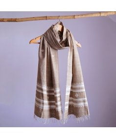 Graceful grey eri silk stole, naturally dyed with tea and henna, featuring traditional and contemporary white designs