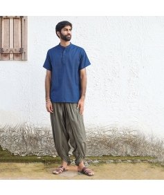 Men’s 100% organic cotton kurta with embroidered  (Navy) "Aum". Short sleeved short kurta. Relaxed fit. GOTS Certified