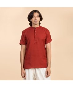 Men’s 100% organic cotton kurta with embroidered (Maroon) "Aum". Short sleeved short kurta. Relaxed fit. GOTS Certified 