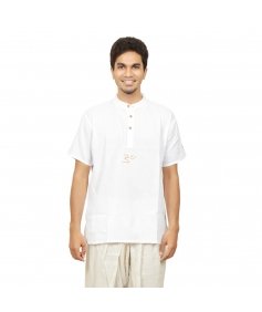 Men’s 100% organic cotton kurta with embroidered (White) "Aum". Short sleeved short kurta. Relaxed fit. GOTS Certified