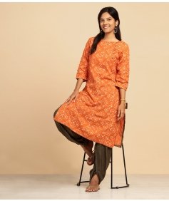 Ladies Printed Kurtha - Orange 