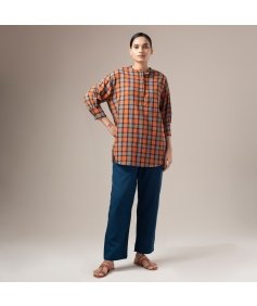 Yarn Dyed Crinkled Madras Check Womens Shirt - Rust