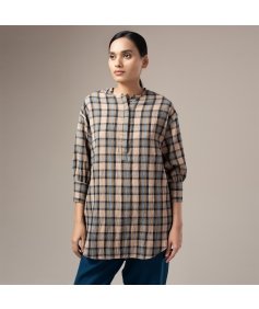Yarn Dyed Crinkled Madras Check Womens Shirt - Khaki 